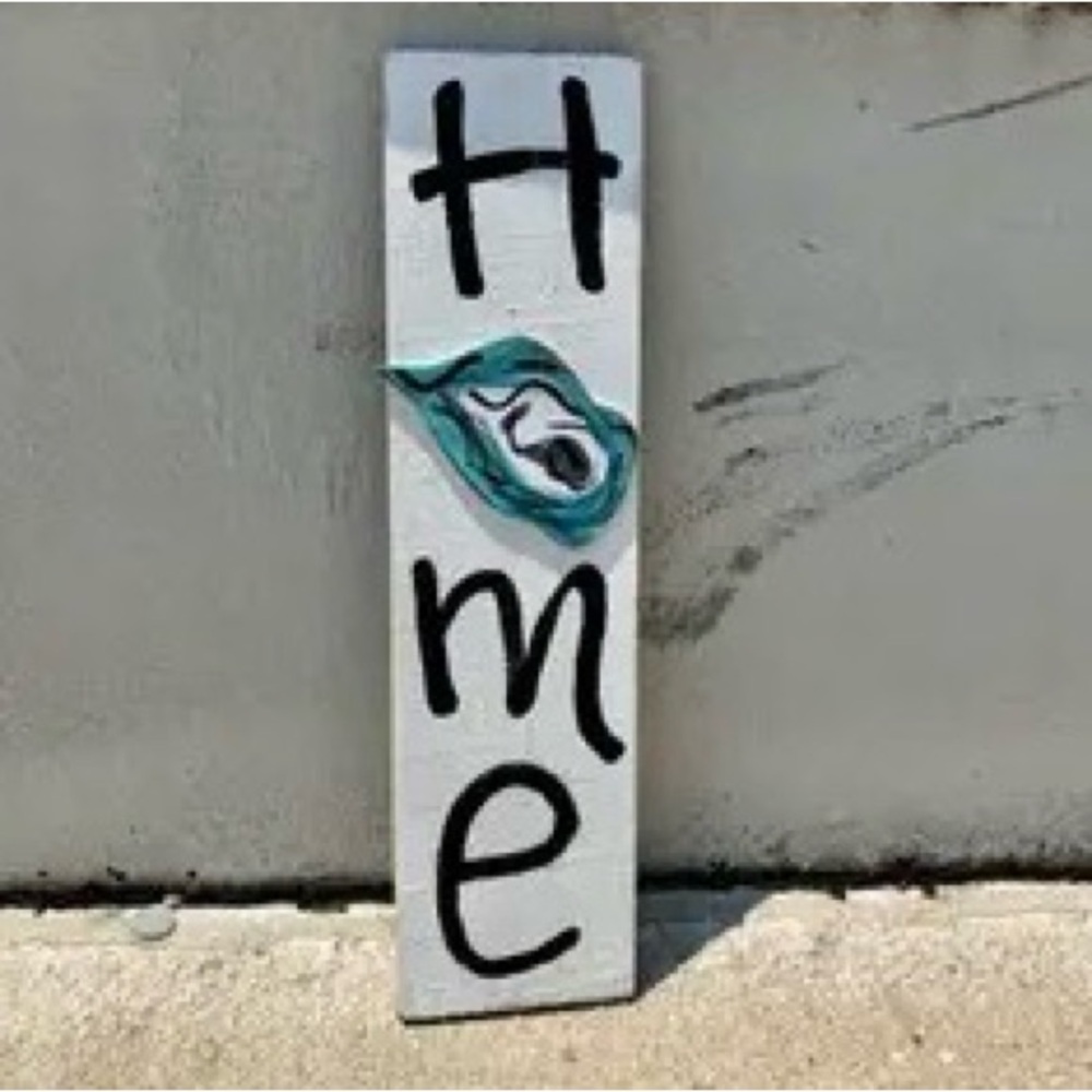 Wooden 'Home' Sign with Teal Oyster Accent